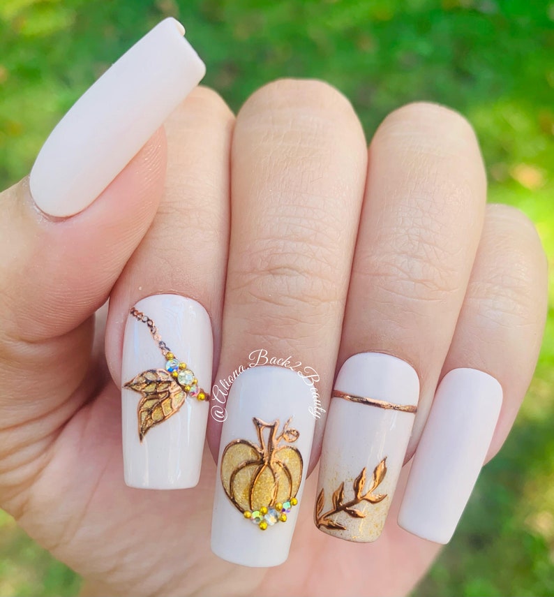 Elegant Fall Design/ Press On Nails with Glossy and Matte Finish/ Handpainted/ Thanksgiving Nails/ Glue On Nails/ Coffin/ Square/ Stiletto image 2