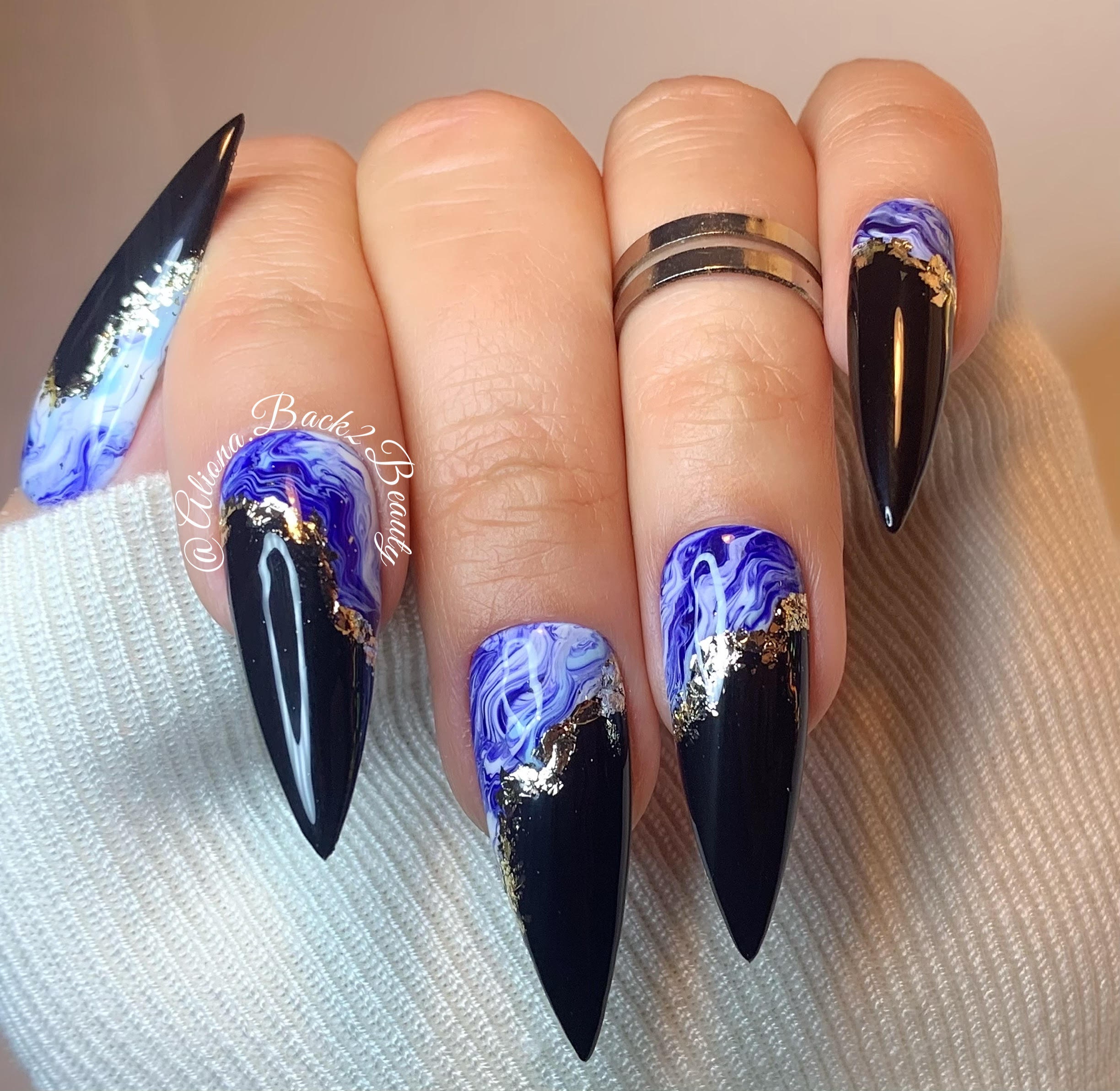 Elegant Black and Blue Marble Nails With Gold & Silver - Etsy