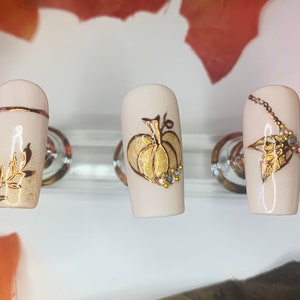 Elegant Fall Design/ Press On Nails with Glossy and Matte Finish/ Handpainted/ Thanksgiving Nails/ Glue On Nails/ Coffin/ Square/ Stiletto image 4