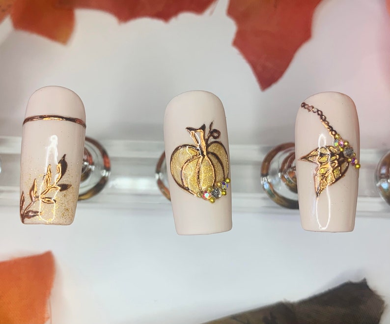 Elegant Fall Design/ Press On Nails with Glossy and Matte Finish/ Handpainted/ Thanksgiving Nails/ Glue On Nails/ Coffin/ Square/ Stiletto image 4