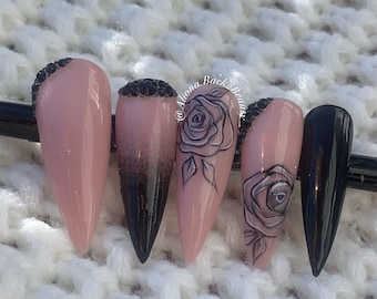 Nude and Black Press on Nails/Elegant Black Rose Press on Nails with Black Rhinestone Accents