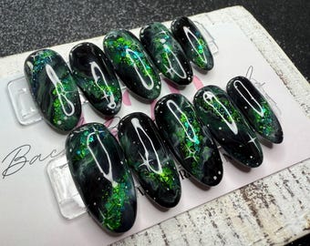 Reusable Green Galaxy Luxury Press-On Nail Set | Deep Cosmic Black | Emerald Green Foil & Holographic Glitter | Celestial White Accents