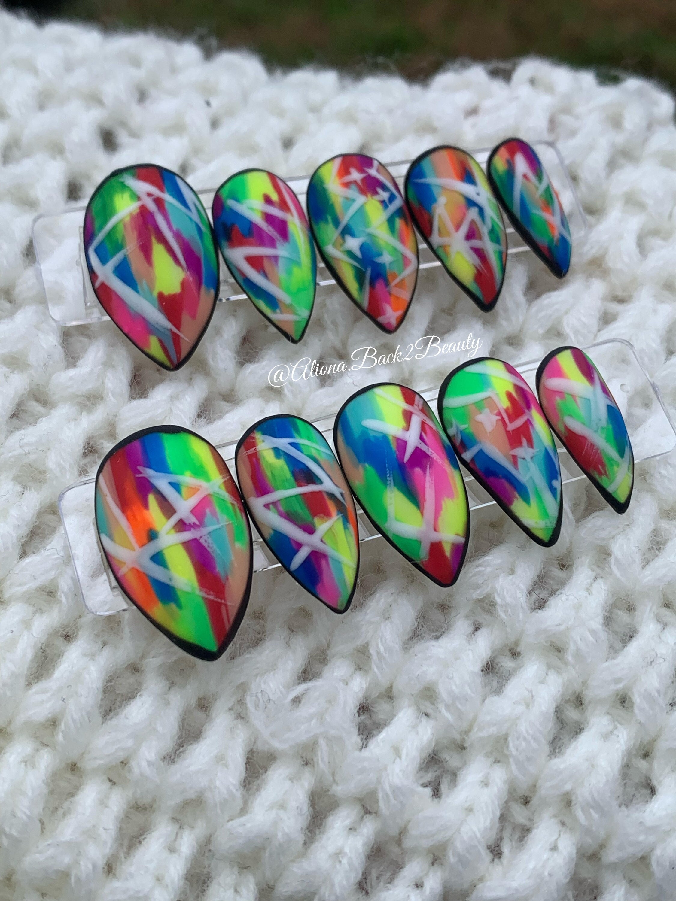 Graphis Nails Colorful Graffiti Nails/ Hippie Nails/ Reusable Fake Nails/ Abstract ...