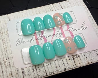 Sea Glass Bloom Press-On Nail Set | Turquoise Blue | Floral Accent Nails | Gloss Finish | Handmade Luxury Reusable Nails