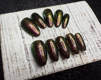 Chameleon Spark Press-On Nail Set | Color-Shifting Glitter | Multidimensional Shine | Handmade Luxury Reusable Nails