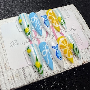 Sunkissed Citrus & Sea Press-On Nail Set | Lemon Yellow | Ocean Blue | Hand-Painted Fish, Citrus,  Lemon Vines Nails | Reusable | Handmade