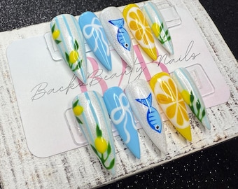 Sunkissed Citrus & Sea Press-On Nail Set | Lemon Yellow | Ocean Blue | Hand-Painted Fish, Citrus,  Lemon Vines Nails | Reusable | Handmade