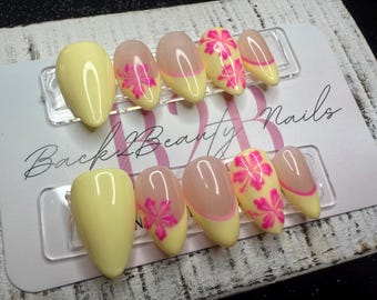 Tropical Bloom Press-On Nail Set | Sun-Kissed Yellow | Hot Pink Hibiscus | Soft French Curve Accent | Hand-Painted Florals | Reusable