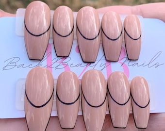 Nude Nails with Black French Outline, Reusable Press on Nails