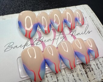 Summer Tide Swirls Press-On Nail Set| Jelly Nude Base | Hand-Painted Swirls | Light & Dark Blue Wave Accents | Reusable | Handmade Luxury