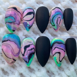 Colorful Marble Goth Nails/ Handmade Summer Nails/ Fake Pastel Rainbow Nails/ Colorful Abstract Nails/ Reusable Press on Nails