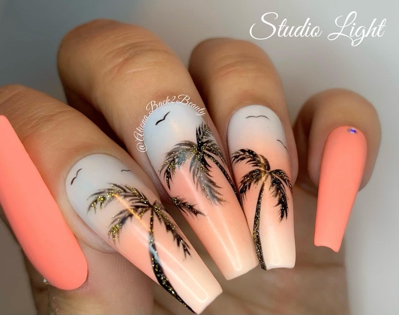 Palm Trees Press On Nails/ Coral Summer Nails/ Coral Dream Press on Nails/ Reusable Press on Nails/ Glue on Nails/ Fake Nails image 3