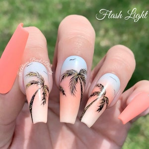 Palm Trees Press On Nails/ Coral Summer Nails/ Coral Dream Press on Nails/ Reusable Press on Nails/ Glue on Nails/ Fake Nails Long tapered coffin