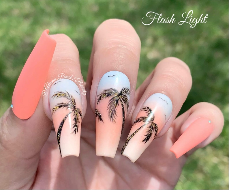 Palm Trees Press On Nails/ Coral Summer Nails/ Coral Dream Press on Nails/ Reusable Press on Nails/ Glue on Nails/ Fake Nails Long tapered coffin