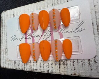Pumpkin Spice Luxe Press-On Nail Set | Matte Pumpkin Orange | Nude Base with Gold  Detailing | Handmade Luxury Reusable Nails| Fall Nails