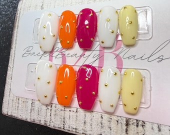 Sunset Spritz Press-On Nail Set | White, Citrus Orange, Fuchsia & Butter Yellow | Gold Stud Accents | Handmade Luxury Reusable Nails