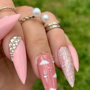 Pink Press on Nails with Bling Accents/Clouds Press on Nails/ Bling Press on Nails