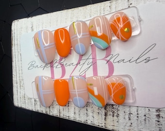 Palm Springs Press-On Nail Set | Retro Geometric Design | Orange, Powder Blue & Gold Accents | Gloss Finish | Handmade Luxury Reusable Nails