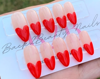 Valentines Red French Nails/ Reusable Press on Nails