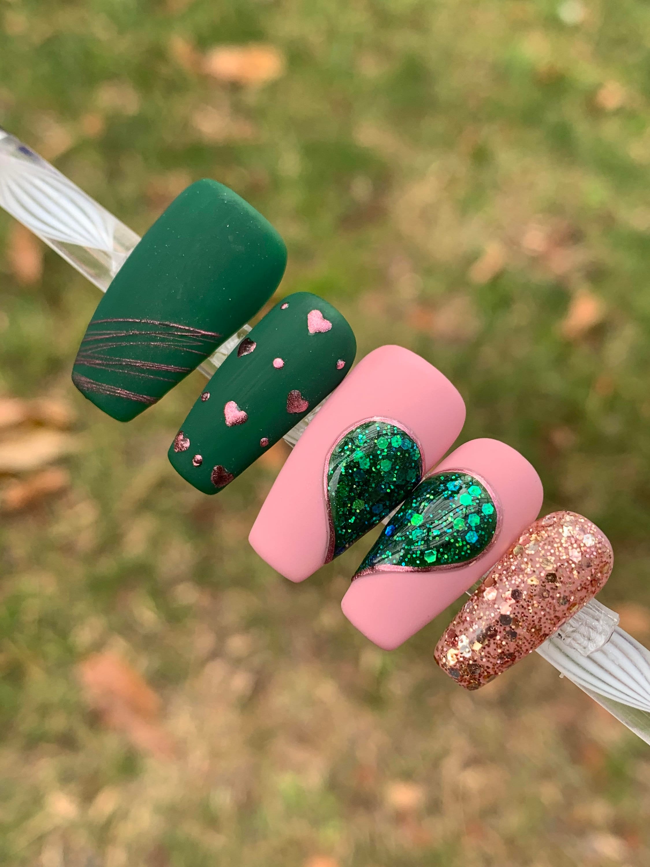 green emerald velvet dress Green French Pink Rose Cabochon Luxury Press-on Nails, Acrylic & Hand- – By  Order Of The Queen & Luxury Press On Nails main image 1