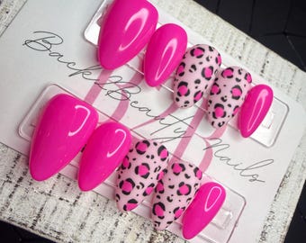 Pink Cheetah Press-On Nail Set | Hot Pink & Leopard Print | Gloss Finish | Handmade Luxury Reusable Nails