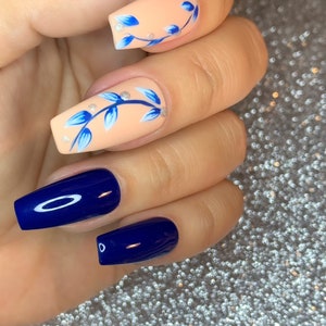 Blue Floral Press On Nails/Handmade/Fake Nails/Glue On Nails/False Nails