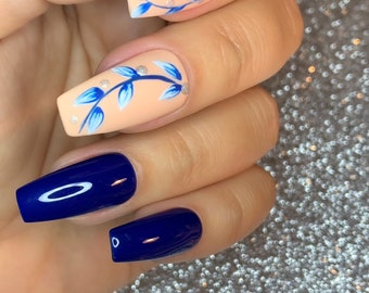 Blue Floral Press On Nails/Handmade/Fake Nails/Glue On Nails/False Nails