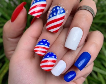 Mommy and Me 4th of July Press on Nails/Matching Patriotic Nails/Handpainted American Flag Nails