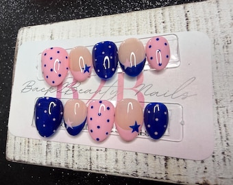 Pop Star Press-On Nail Set | Bubblegum Pink & Cobalt Blue | Polka Dots and Stars | Mixed French Tips | Handmade Luxury Reusable Nails
