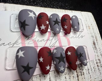 Rockstar Rebel Press-On Nail Set | Matte Burgundy & Gray | Textured Hand-Painted Stars | Handmade Luxury Reusable Nails | Statement Nails