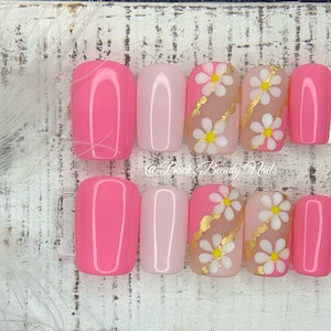 Pink Spring Press on Nails with Textured Floral Accents/ Handmade Elegant Nails/ Pink Nails/ Short Press On Nails/ Long Press on Nails
