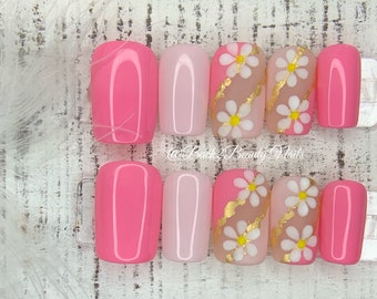 Pink Spring Press on Nails with Textured Floral Accents/ Handmade Elegant Nails/ Pink Nails/ Short Press On Nails/ Long Press on Nails