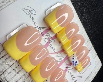 Limoncello Blue Press-On Nail Set | Butter Yellow French Tips | Blue & White Mediterranean Accent Nails | Handmade Luxury Reusable Nails