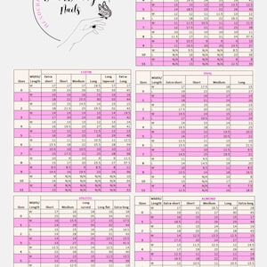 May include: A chart with nail sizes and measurements for various nail shapes, including square, coffin, oval, stiletto, and almond. The chart provides width and length measurements in inches for different sizes and styles of nails.