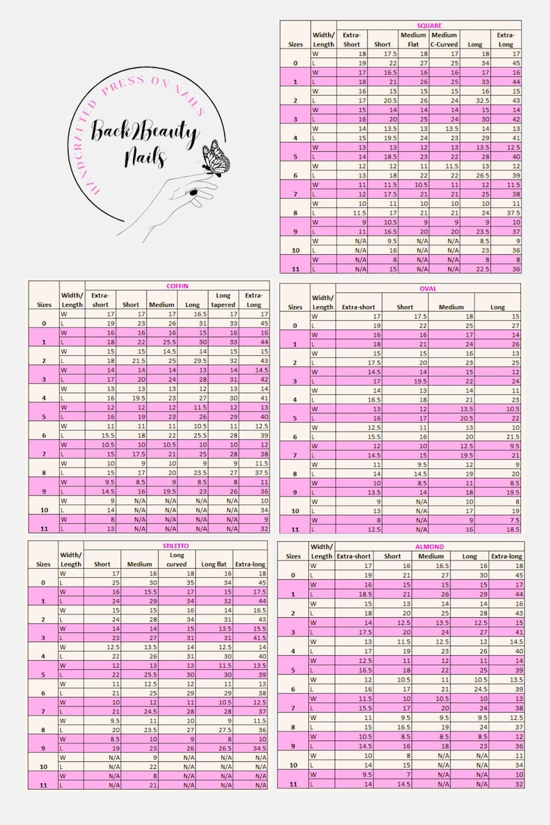 May include: A chart with nail sizes and measurements for various nail shapes, including square, coffin, oval, stiletto, and almond. The chart provides width and length measurements in inches for different sizes and styles of nails.