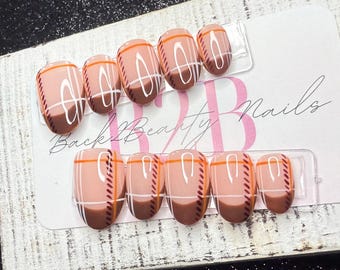 Handmade Harvest Stitch Press-On Nail Set | Warm Nude, Chocolate Brown & Pumpkin Orange | Plaid,  Stitched Detail | Gloss Finish | Reusable