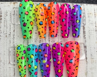 Electric Safari Press-On Nail Set | Neon Leopard Print Nails | Bold & Bright Reusable Nails | Hand-Painted Animal Print | Luxury PressOns