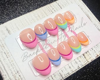 Color Pop French Press-On Nail Set | Multicolor French Tips | Nude Base | Gloss Finish | Handmade Luxury Reusable Nails