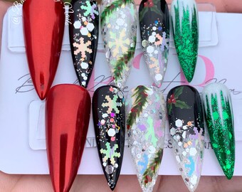 Handcrafted Glitter Christmas Nails, Sparkling Winter Press on Nails, Reusable Glue on Nails, Festive Holiday Press Ons, Snowflakes Nails