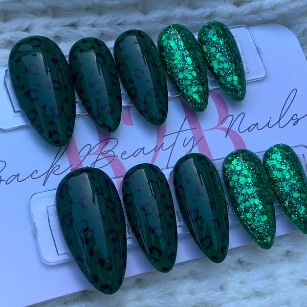 Emerald Green Cheetah Nails, Animal Print and Glitter Nails, Glue on Nails