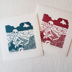 Alien Picnic - Handpress Linocut Print