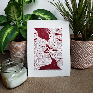 Kiss Kiss - Handpress Linocut print