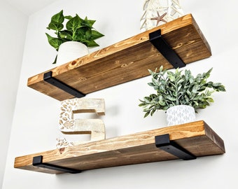 Floating Shelves, Set of 2, Solid Wood Shelving with Heavy-Duty Brackets