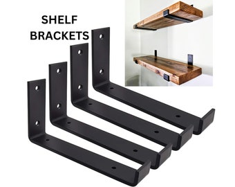 4 Pack Heavy-Duty Floating Shelf Brackets, Industrial Metal J-Shaped Brackets with Lip, Black Shelving Bracket