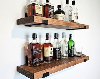 Lot de 2 étagères flottantes pour bar – étagères à liqueur et whisky en bois massif, rangement mural pour bar de ferme rustique