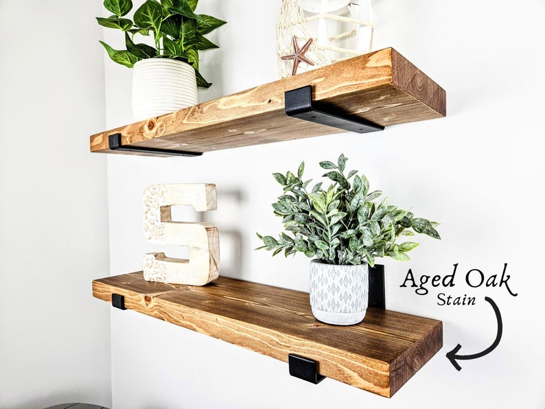 Floating Shelves, Set of 2, Solid Wood Shelving with Heavy-Duty Brackets Aged Oak