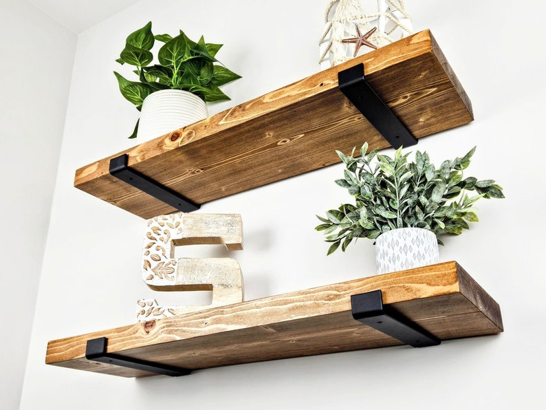 Floating Shelves, Set of 2, Solid Wood Shelving with Heavy-Duty Brackets image 1