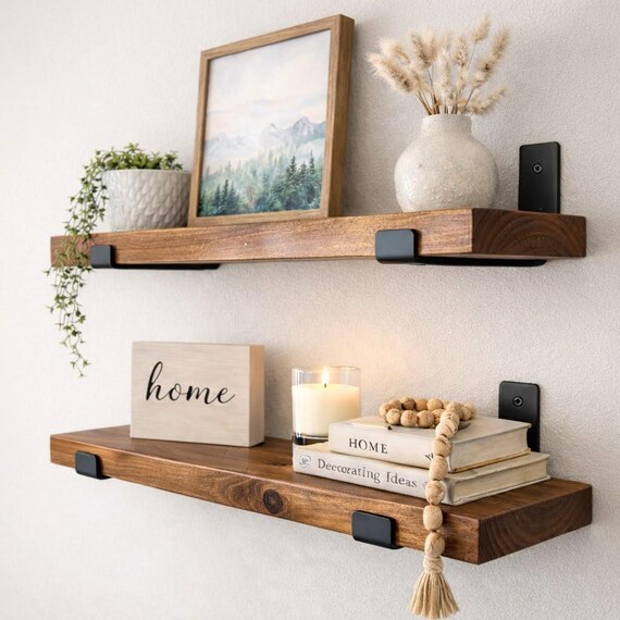 SET OF TWO Floating Wood Shelves – Premium Rustic Shelving with Industrial Brackets – Handmade by CraftsmanSmith