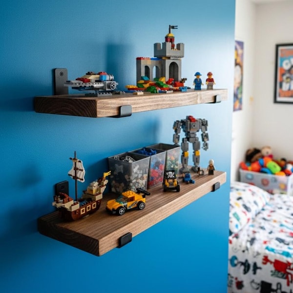 LEGO Display Shelves Set of Two – Solid Wood Wall Storage for Boys Bedroom, Toy Organization and Playroom Decor