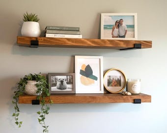 RENTER Friendly Shelves, SET of TWO, Solid Wood Shelving for Airbnb or Apartment with Brackets